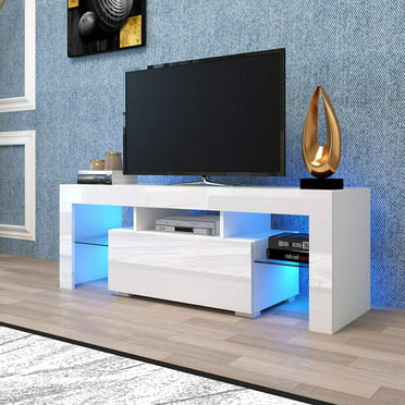 White Modern TV Stand Matt Cabinet Unit 130CM Width High Gloss Front LED Light 